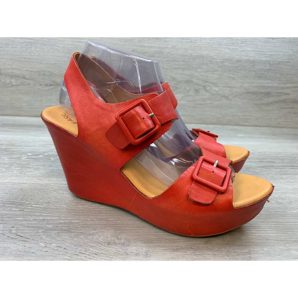 Kork-Ease Red Leather Platform Wedge Buckle Sandals Women's 9 Casual Shoes
